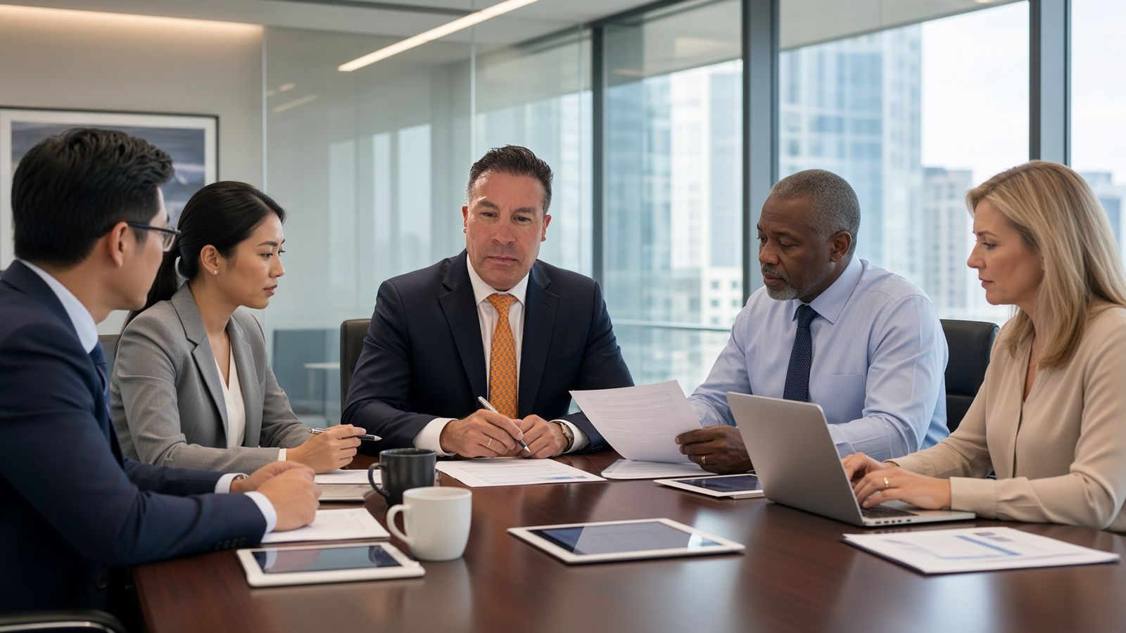 Attorney meeting with business clients in a conference room